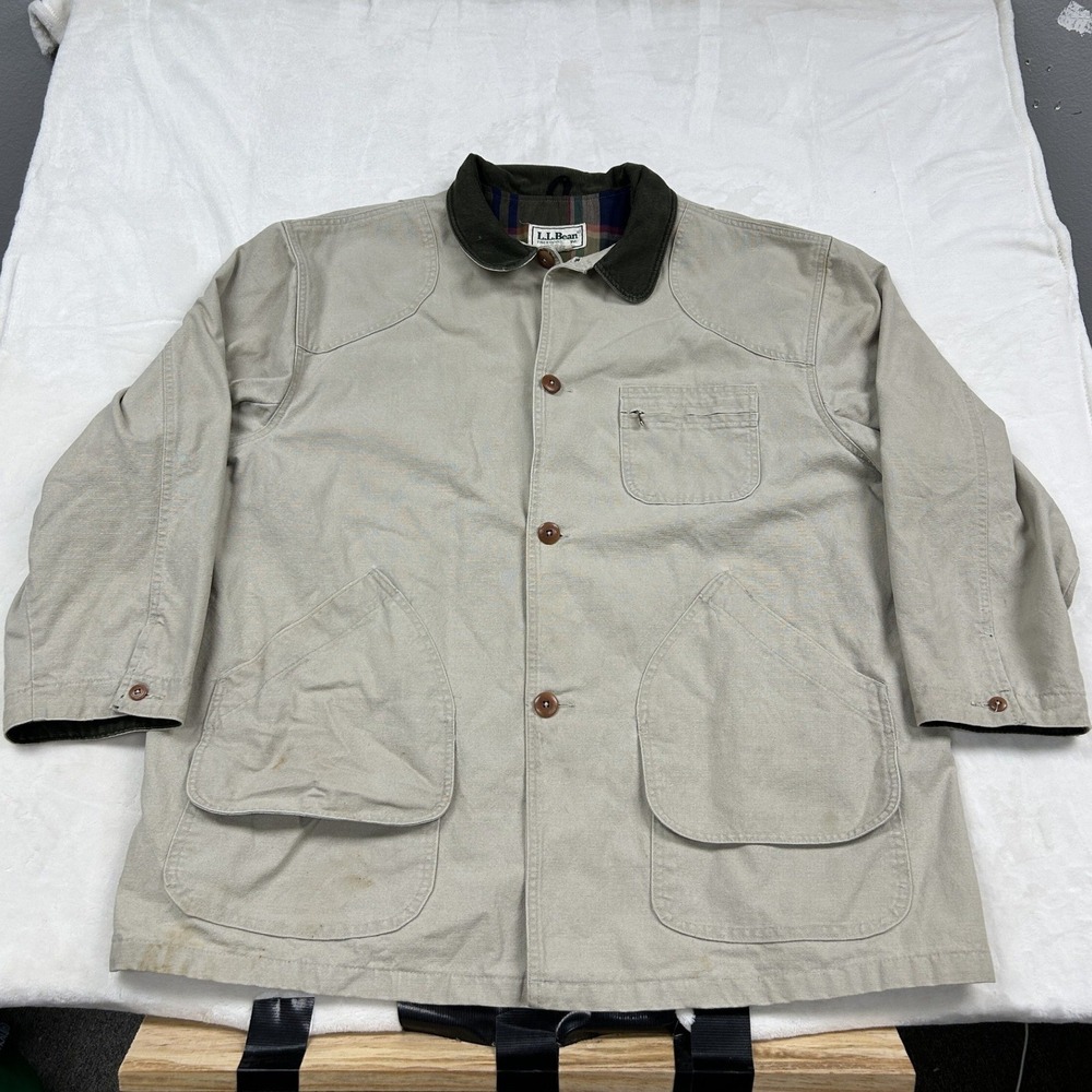 L.L. Bean Field Coat Men XXL Tan Canvas Corduroy Collar Plaid Lined Chore Jacket